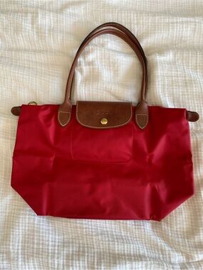 Longchamp Red Tote Bag with Brown Leather Trim